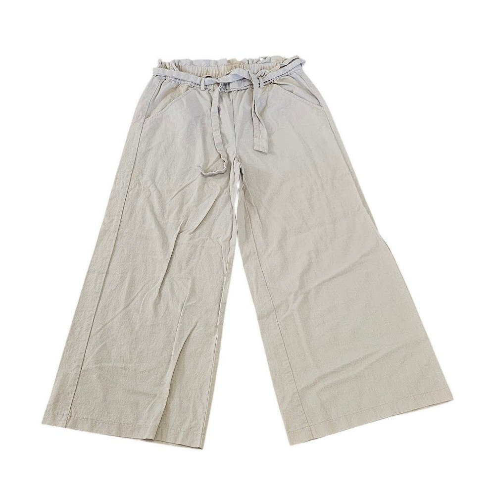 Morgan Taylor Women Beige Linen Blend Wide Leg Paperbag Waist Tie Pants Medium